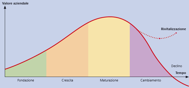 Modello del ciclo di vita aziendale: : fondazione, crescita, maturazione, cambiamento.